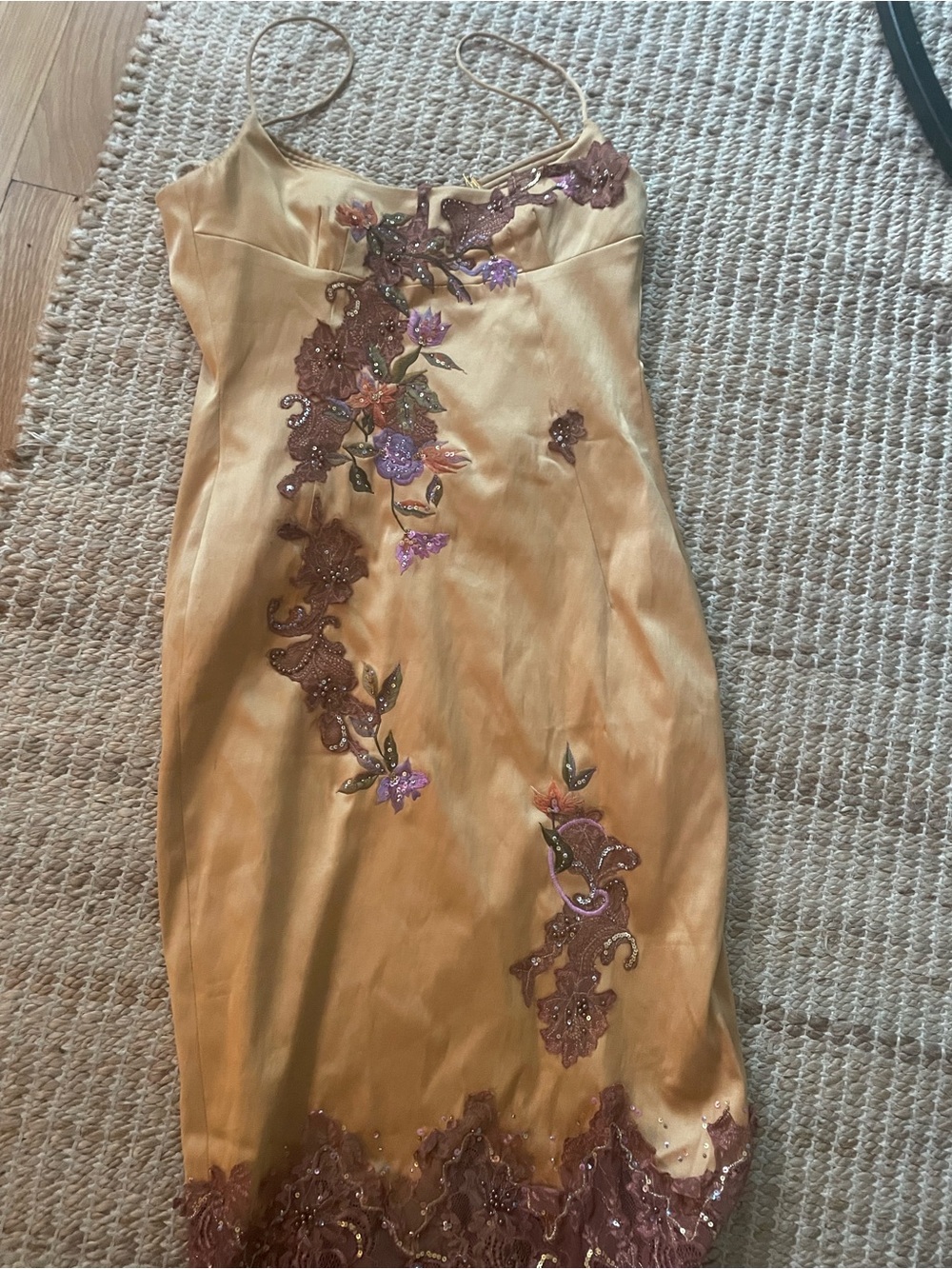 Gold Satin Lace Slip Dress with Floral Appliqué Mandalay Designs - Picture 2 of 7